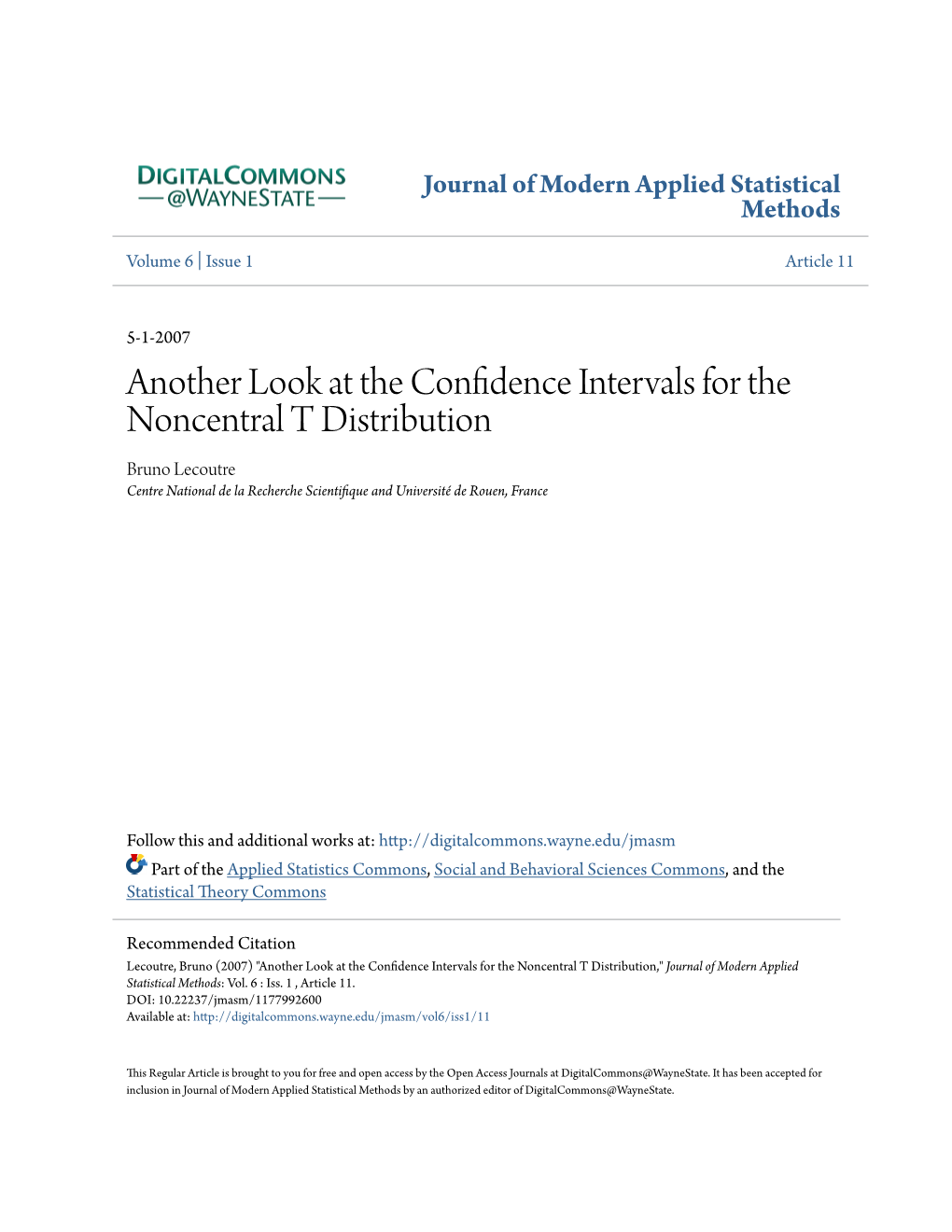 Another Look at the Confidence Intervals for the Noncentral T Distribution Bruno Lecoutre Centre National De La Recherche Scientifique and Université De Rouen, France