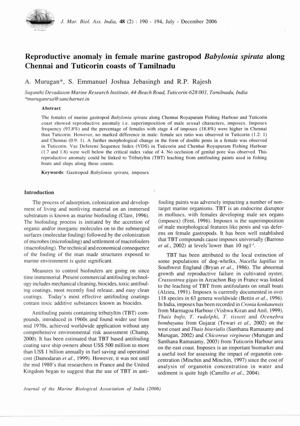 Reproductive Anomaly in Female Marine Gastropod Babylonia Spirata Along Chennai and Tuticorin Coasts of Tamilnadu