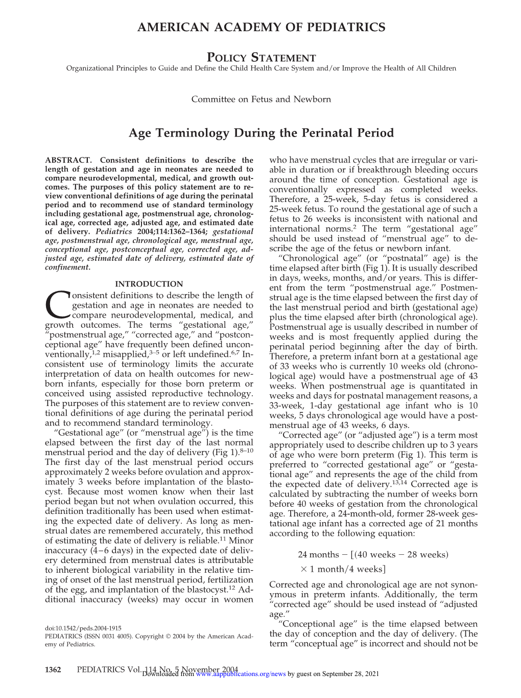 AMERICAN ACADEMY of PEDIATRICS Age Terminology