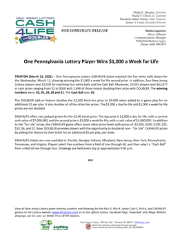 One Pennsylvania Lottery Player Wins $1,000 a Week for Life