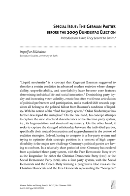 THE GERMAN PARTIES BEFORE the 2009 BUNDESTAG ELECTION Introduction: Have They Learnt to Swim?