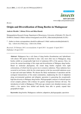 Origin and Diversification of Dung Beetles in Madagascar