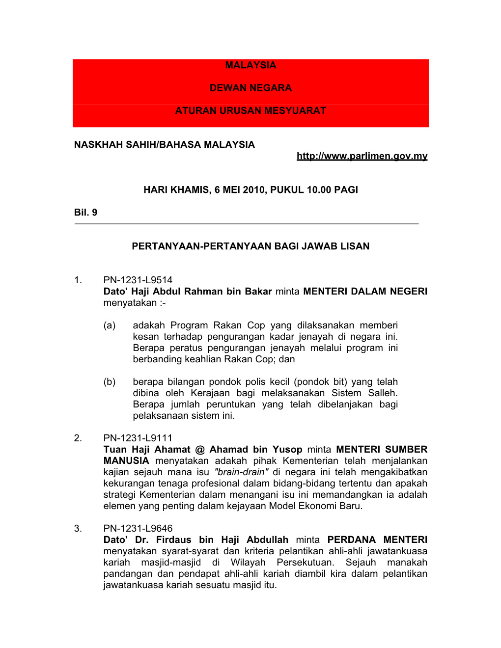 Malaysia Dewan Negara Aturan Urusan Mesyuarat Naskhah Sahih