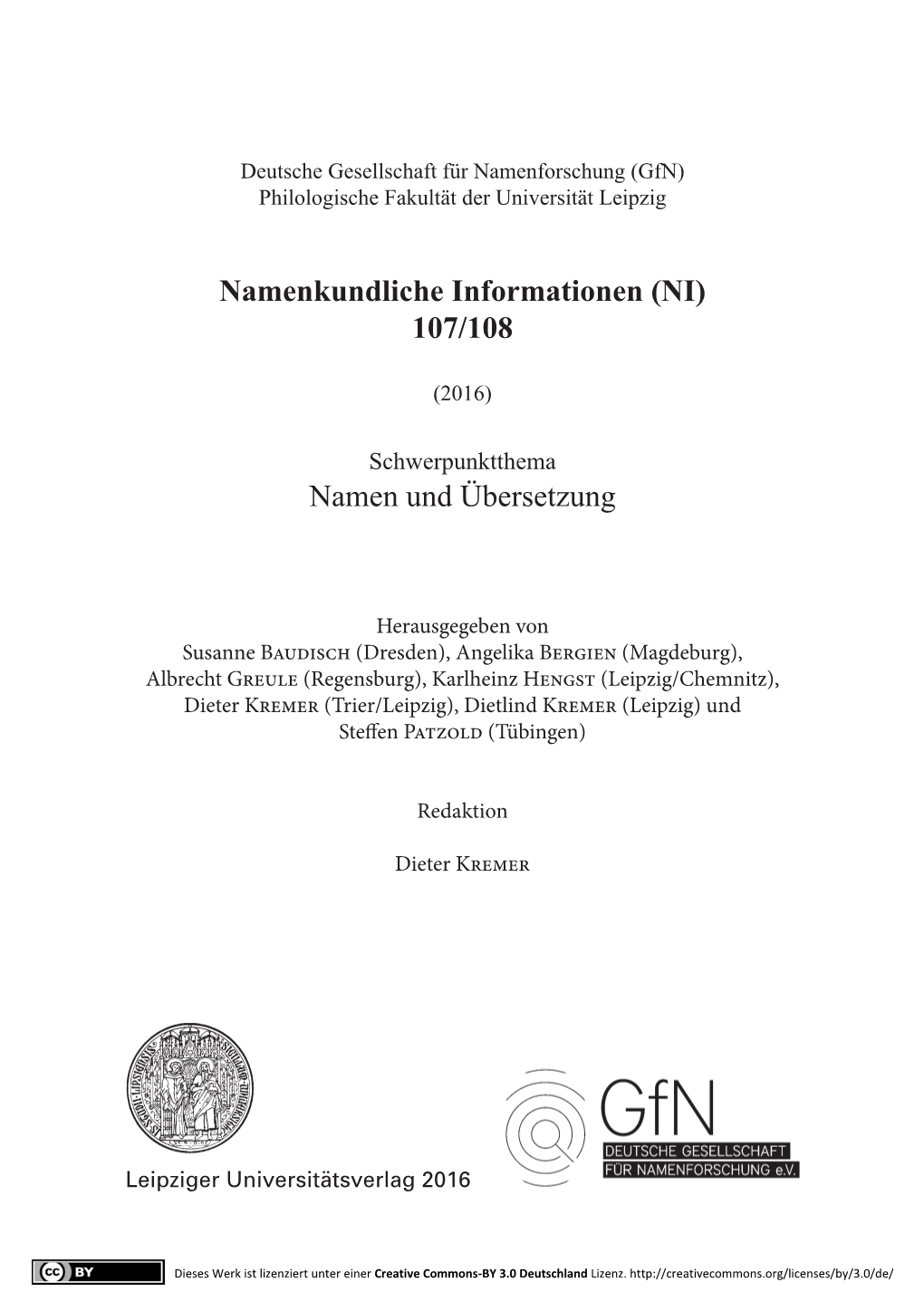 Namen Und Übersetzung Namenkundliche Informationen (NI) 107/108
