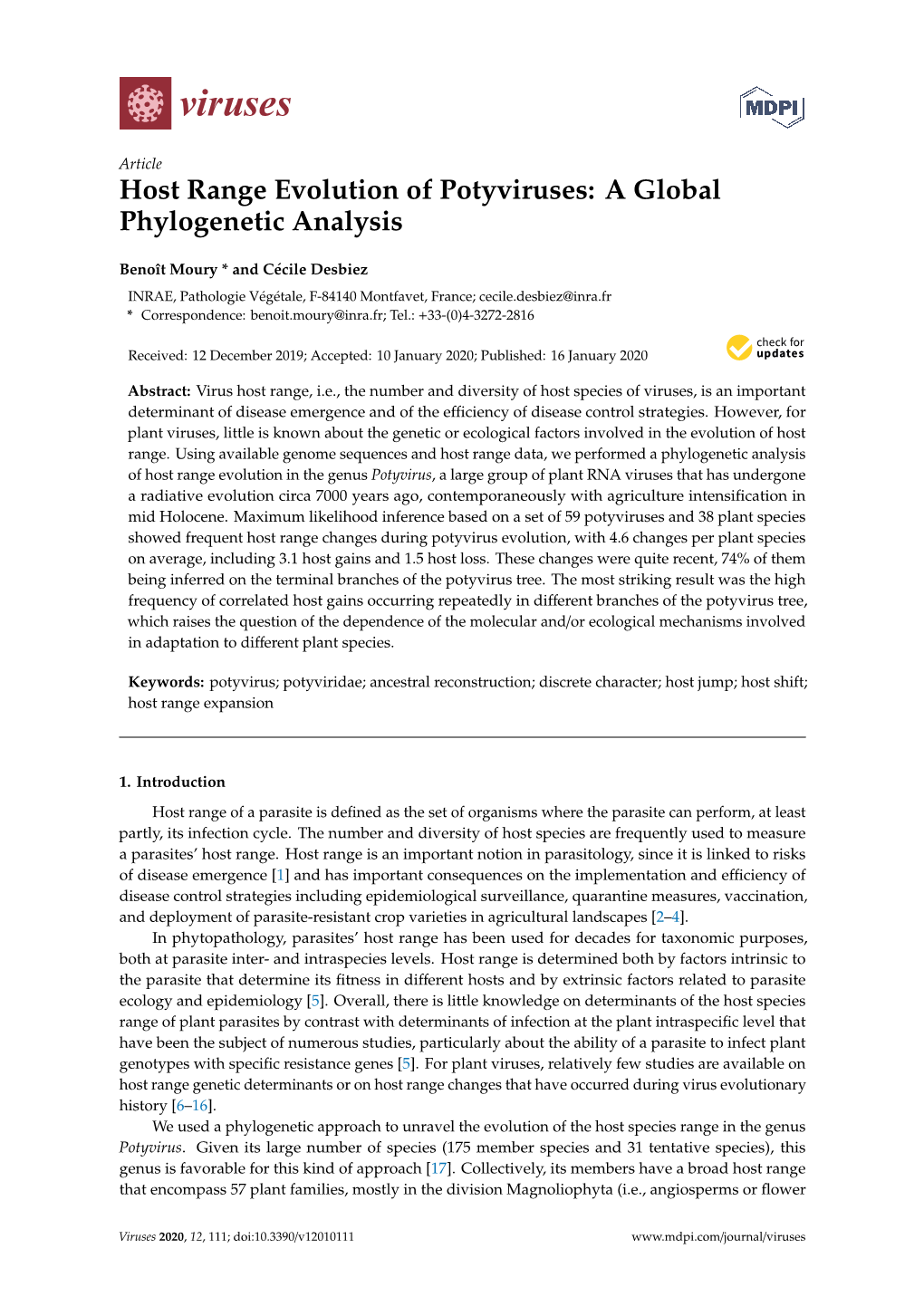 Host Range Evolution of Potyviruses: a Global Phylogenetic Analysis