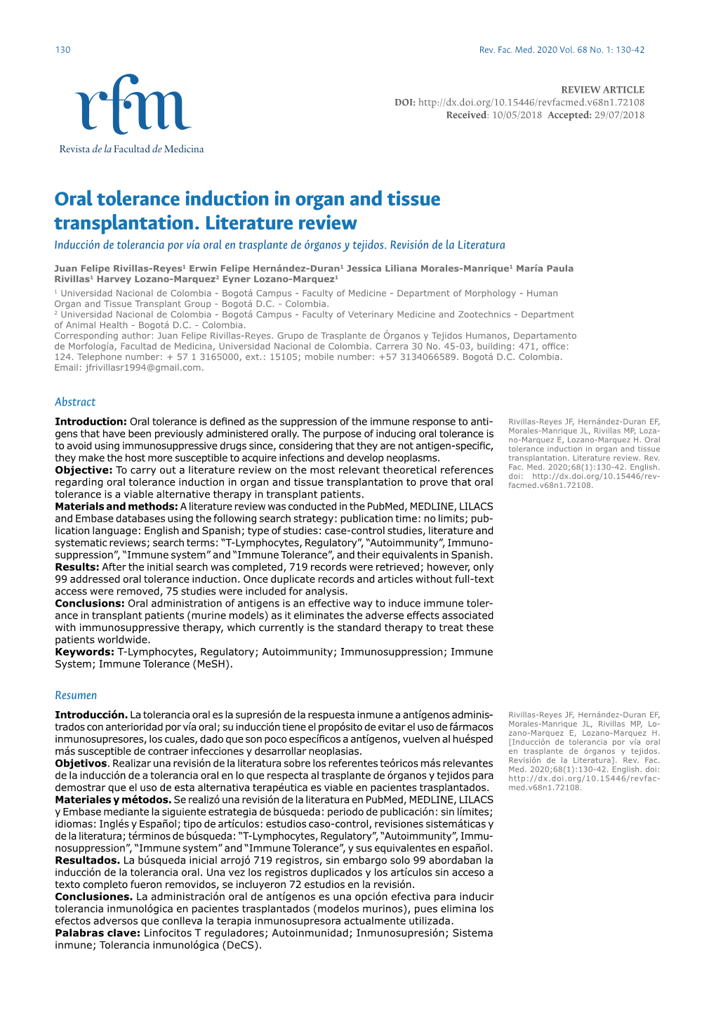 Oral Tolerance Induction in Organ and Tissue Transplantation. Literature Review Inducción De Tolerancia Por Vía Oral En Trasplante De Órganos Y Tejidos