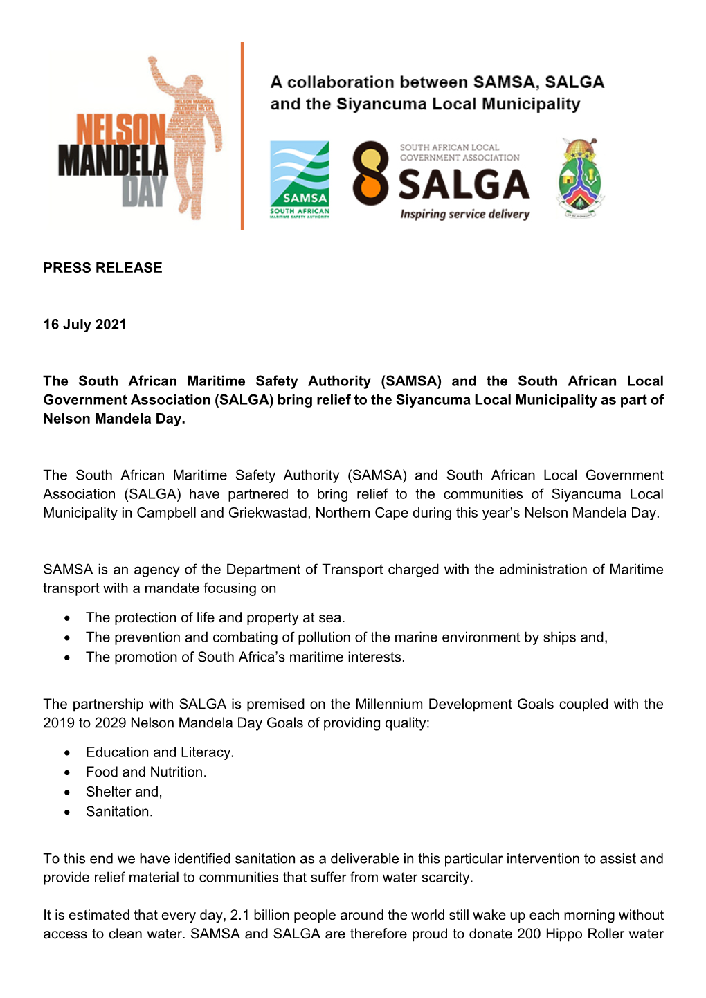 PRESS RELEASE 16 July 2021 the South African Maritime Safety