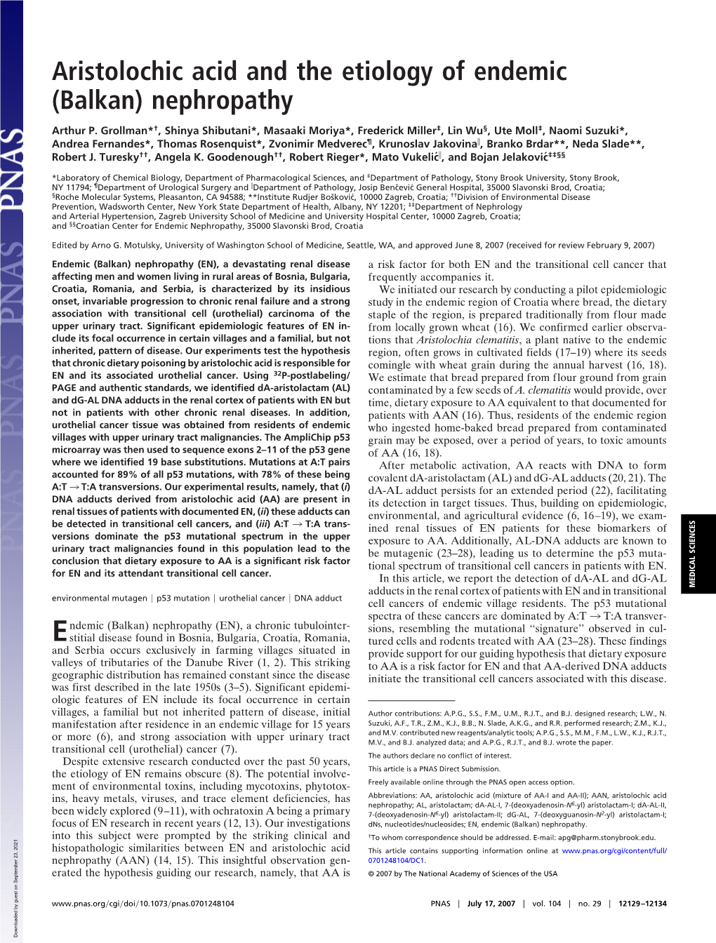 Aristolochic Acid and the Etiology of Endemic (Balkan) Nephropathy