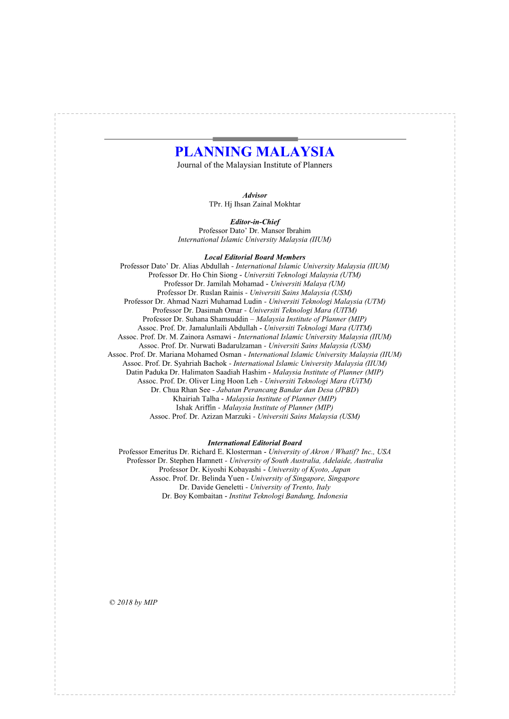 PLANNING MALAYSIA Journal of the Malaysian Institute of Planners