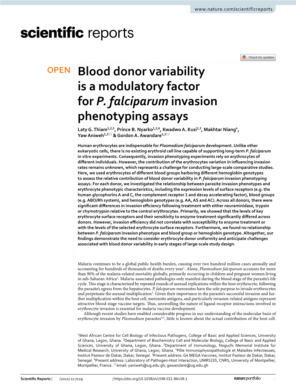 Blood Donor Variability Is a Modulatory Factor for P. Falciparum Invasion Phenotyping Assays Laty G