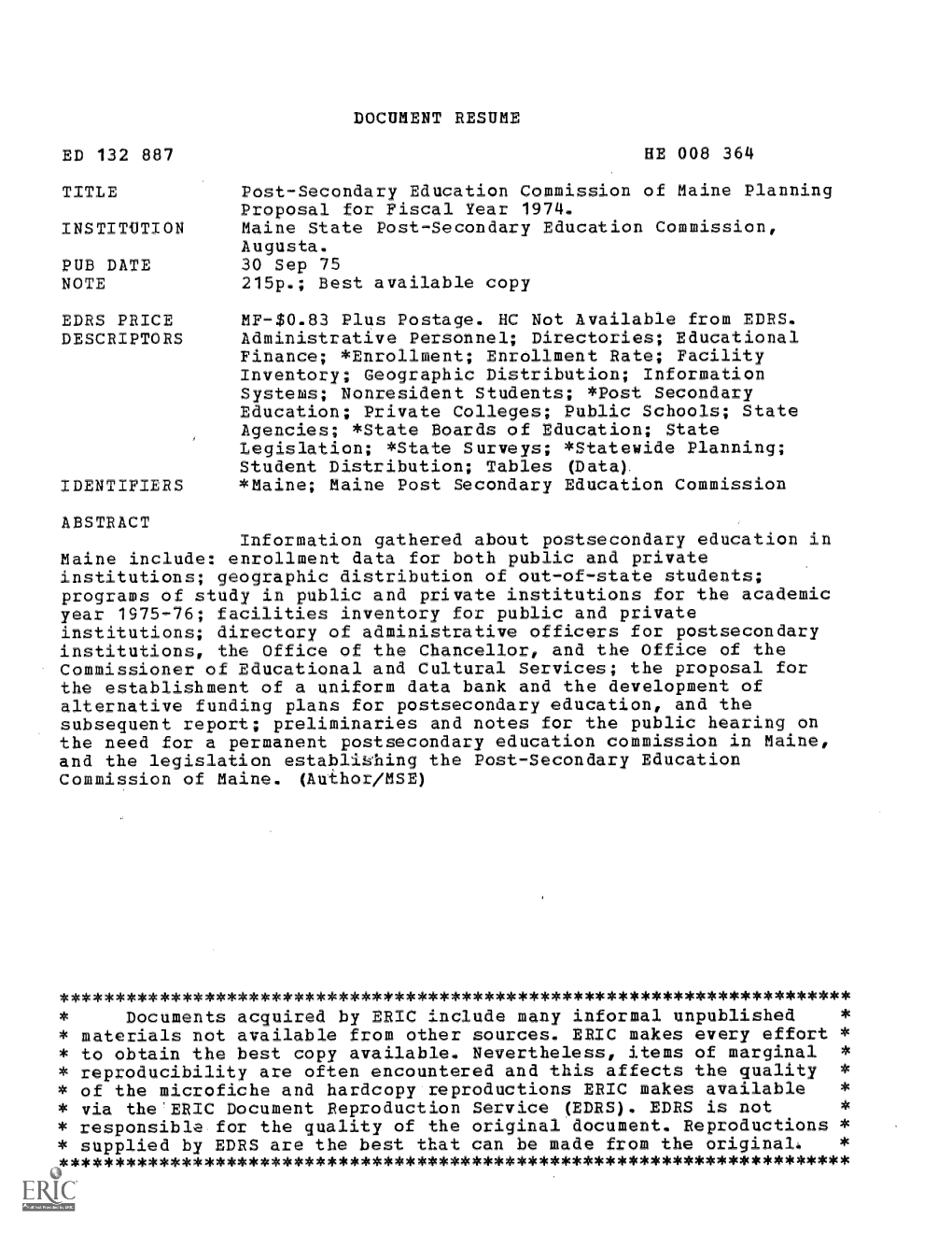 Maine Planning Proposal for Fiscal Year 1974