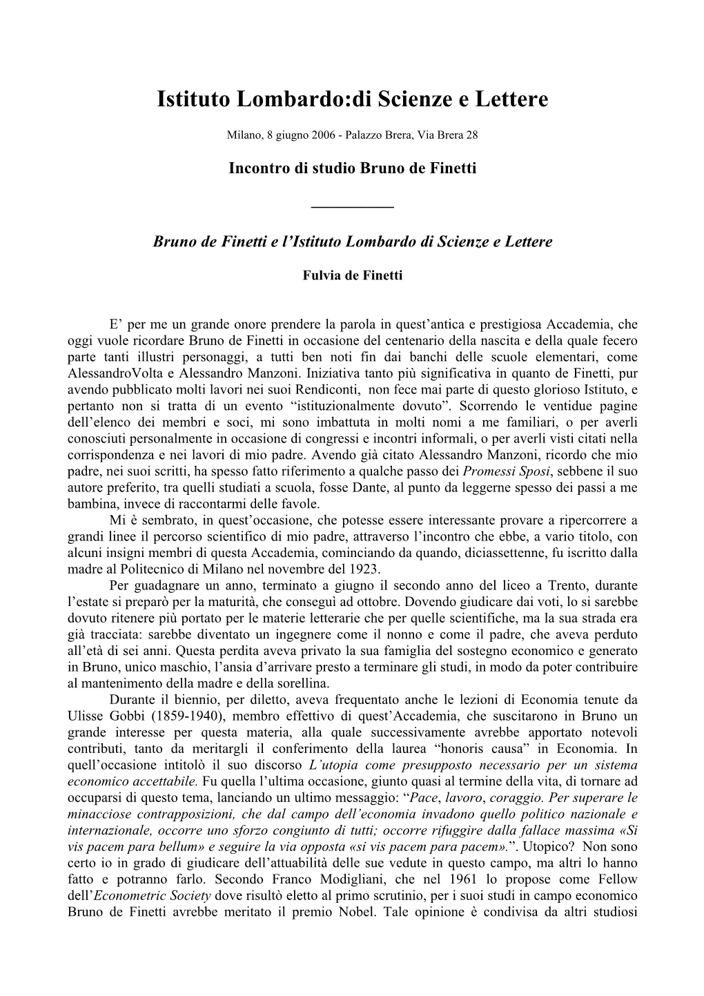 Bruno De Finetti E L'istituto Lombardo Di Scienze E Lettere