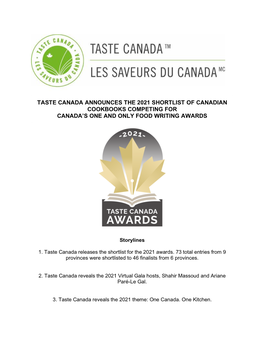Taste Canada Announces the 2021 Shortlist of Canadian Cookbooks Competing for Canada’S One and Only Food Writing Awards