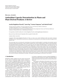 Review Article Antioxidant Capacity Determination in Plants and Plant-Derived Products: a Review