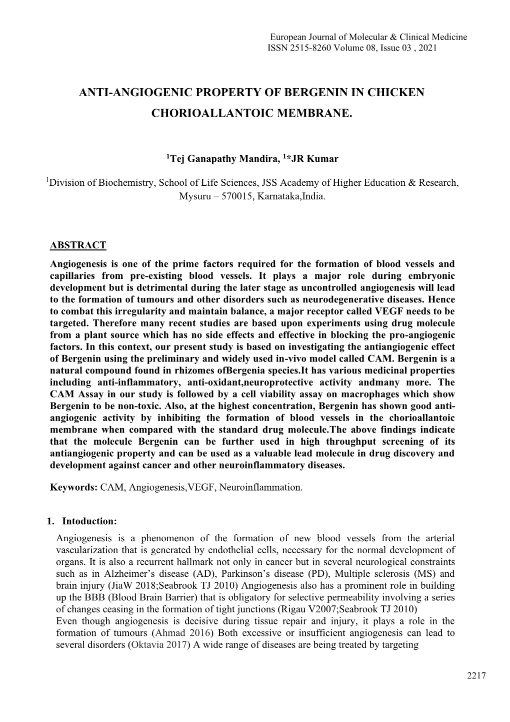 Anti-Angiogenic Property of Bergenin in Chicken Chorioallantoic Membrane