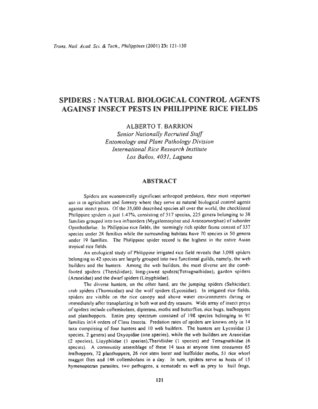 Natural Biological Control Agents Against Insect Pests in Philippine Rice Fields