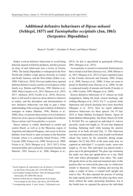 Additional Defensive Behaviours of Dipsas Mikanii (Schlegel, 1837) and Taeniophallus Occipitalis (Jan, 1863) (Serpentes: Dipsadidae)