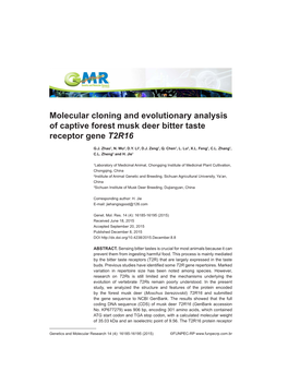 Molecular Cloning and Evolutionary Analysis of Captive Forest Musk Deer Bitter Taste Receptor Gene T2R16