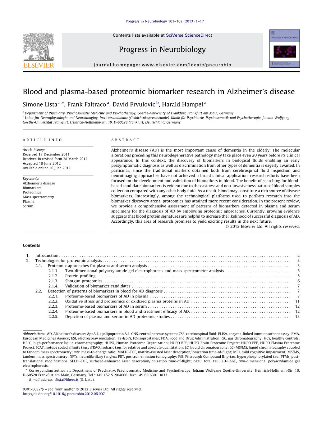 Blood and Plasma-Based Proteomic Biomarker Research in Alzheimer's