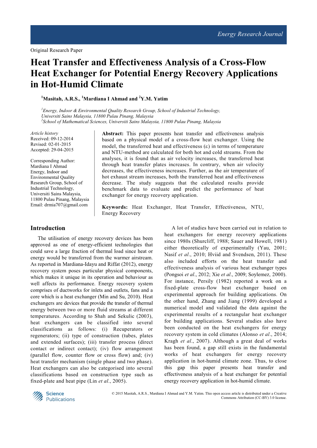 Heat Transfer and Effectiveness Analysis of a Cross-Flow Heat Exchanger for Potential Energy Recovery Applications in Hot-Humid Climate