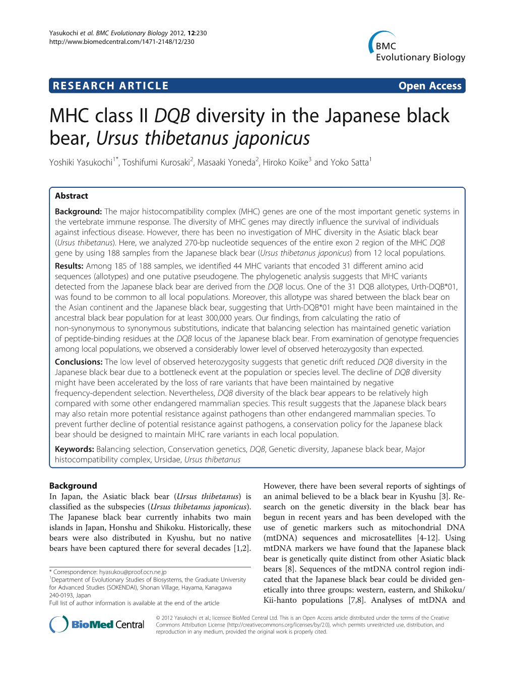 MHC Class II DQB Diversity in the Japanese Black Bear, Ursus Thibetanus Japonicus