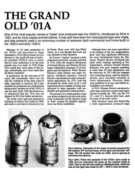 THE GRAND OLD '01A One of the Most Popular Valves Or `Tubes' Ever Produced Was the UX201 A, Introduced by RCA in 1922, and Its Many Copies and Derivatives