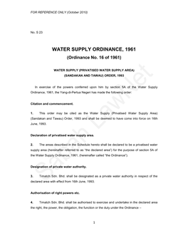 (Privatised Water Supply Area) (Sandakan and Tawau) Order 1993