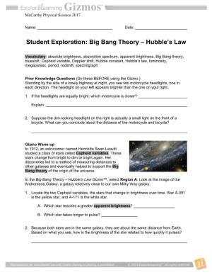 Student Exploration: Big Bang Theory – Hubble's