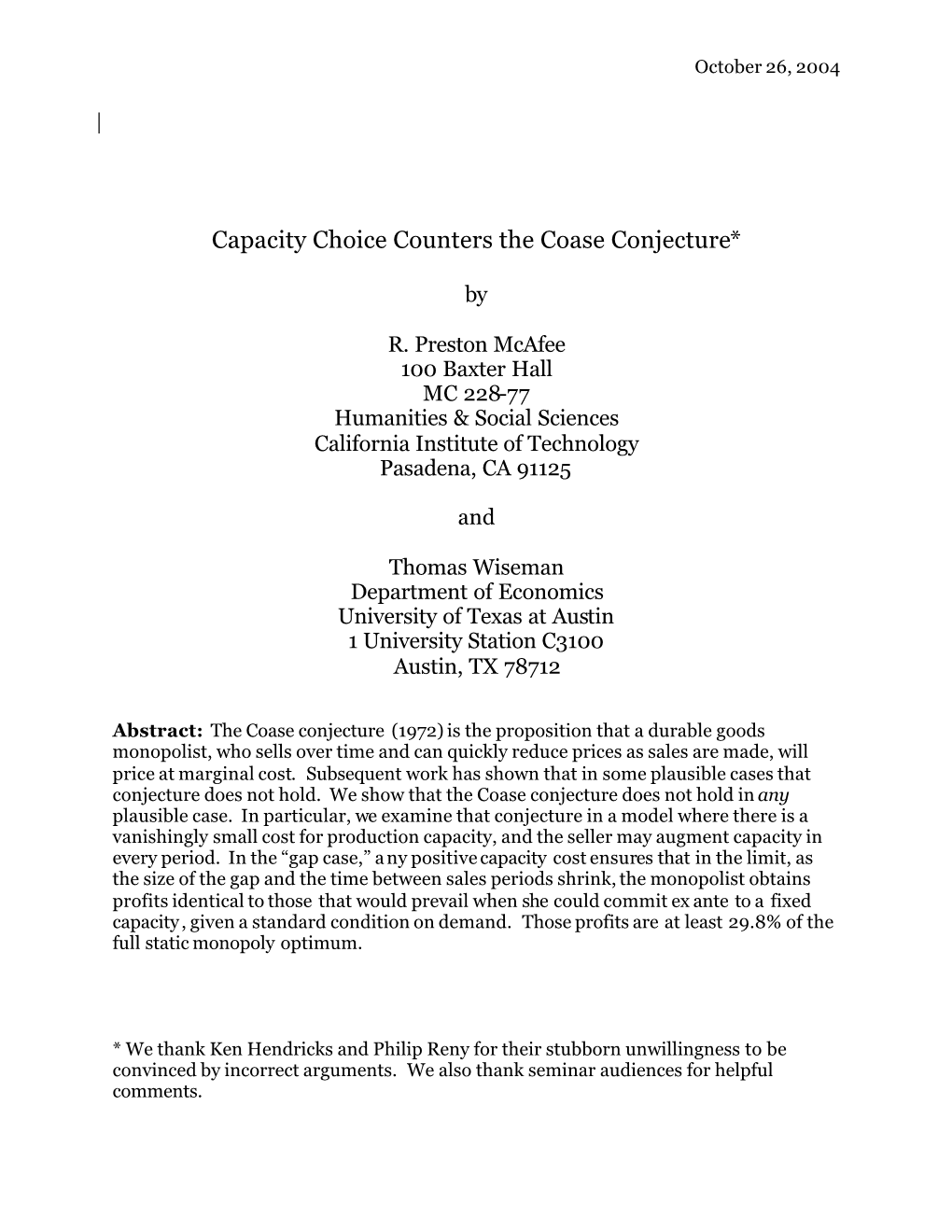 Capacity Choice Counters the Coase Conjecture*
