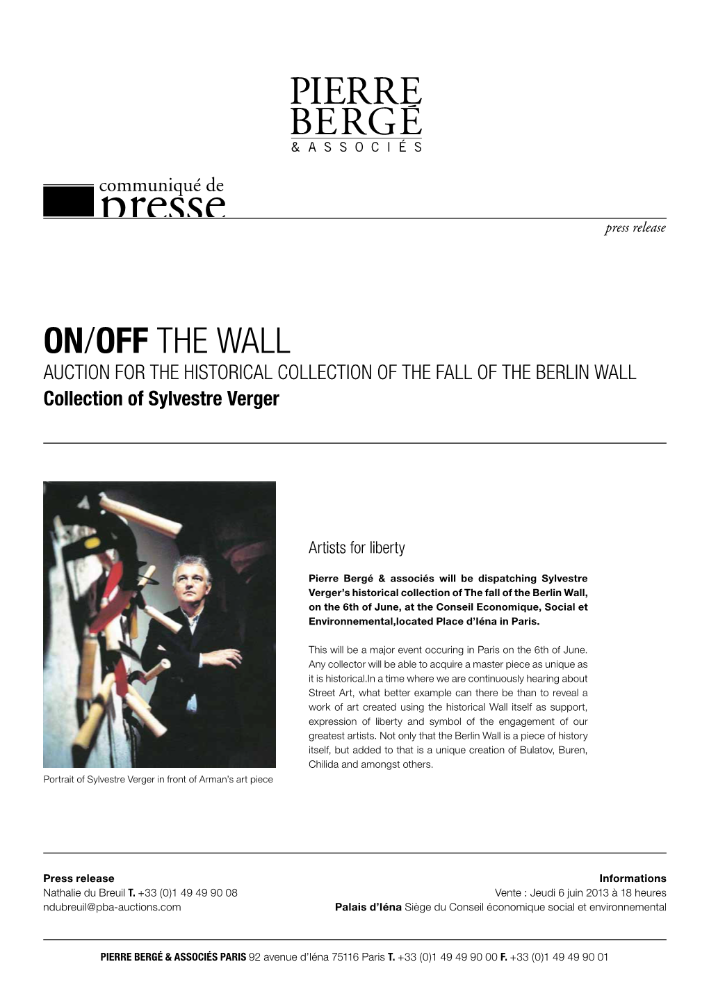 ON/OFF the WALL Auction for the Historical Collection of the Fall of the Berlin Wall Collection of Sylvestre Verger