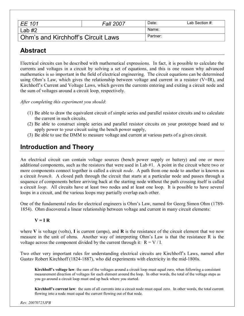 Ohm's and Kirchhoff's Circuit Laws Abstract Introduction and Theory