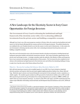 A New Landscape for the Electricity Sector in Ivory Coast Opportunities for Foreign Investors