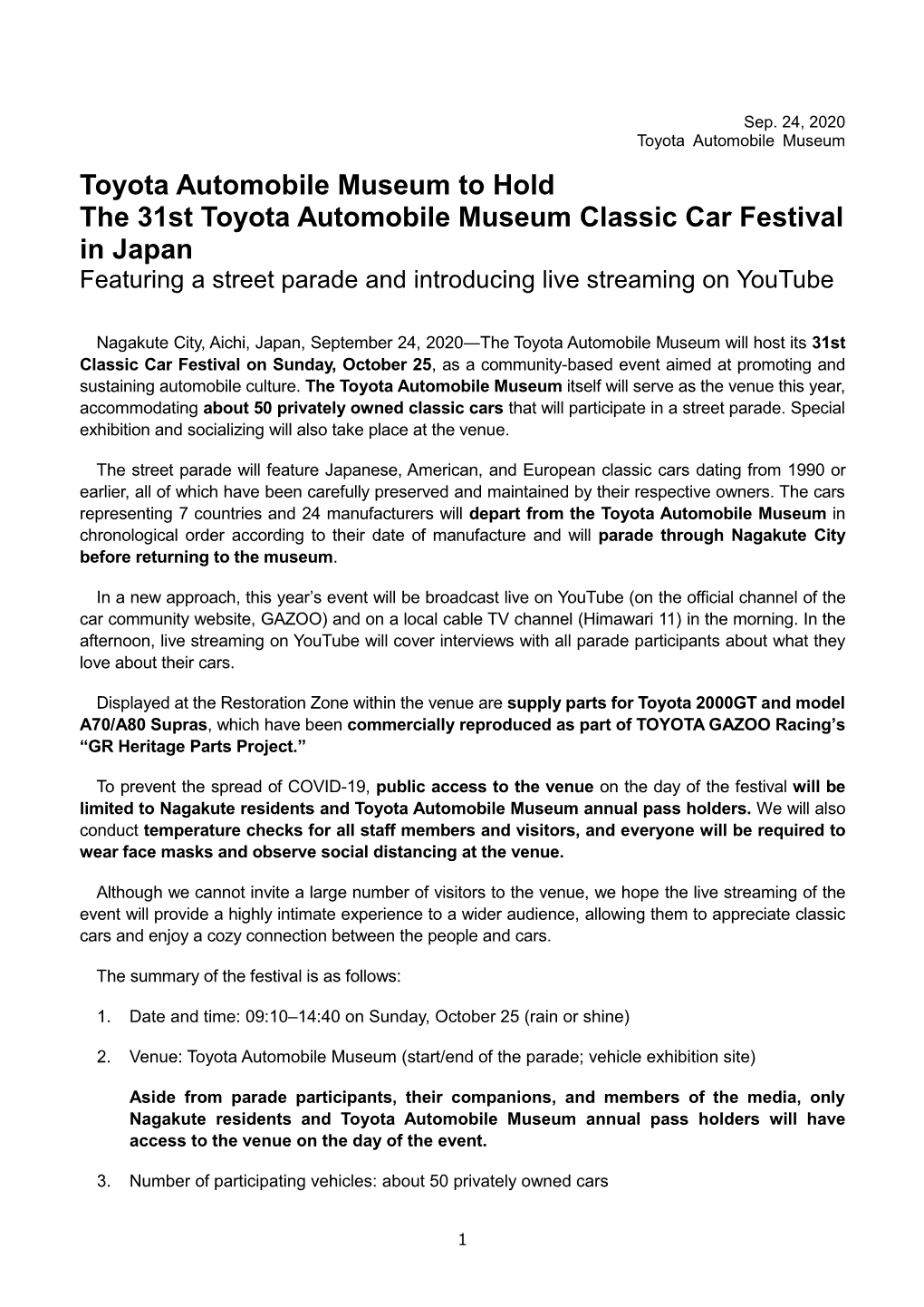 Toyota Automobile Museum to Hold the 31St Toyota Automobile Museum Classic Car Festival in Japan Featuring a Street Parade and Introducing Live Streaming on Youtube