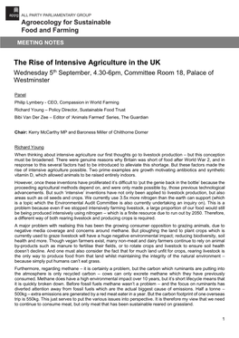 The Rise of Intensive Agriculture in the UK Wednesday 5Th September, 4.30-6Pm, Committee Room 18, Palace of Westminster