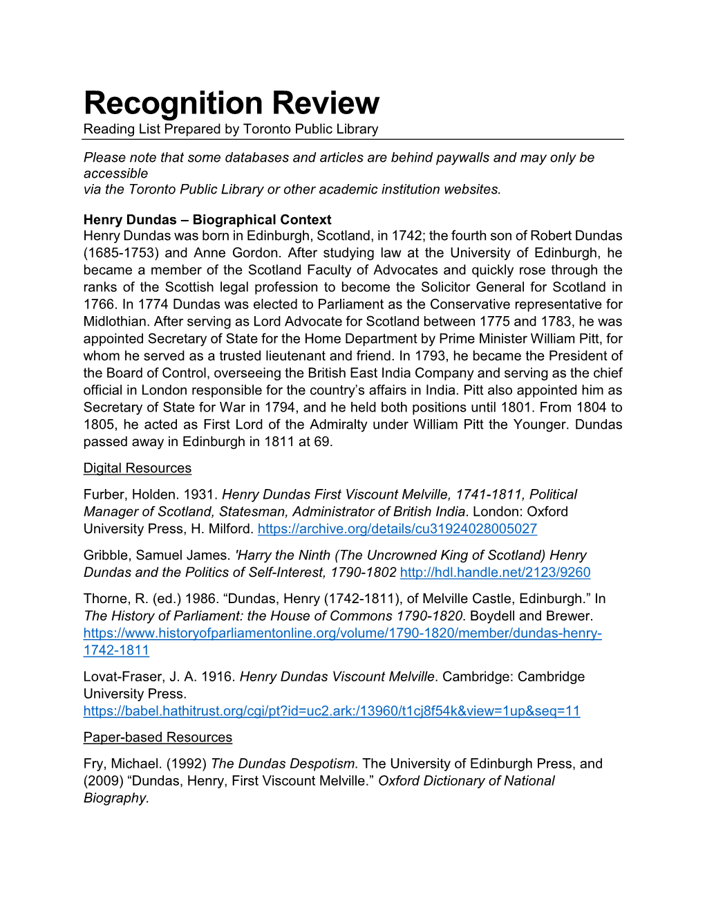 Recognition Review Reading List Prepared by Toronto Public Library