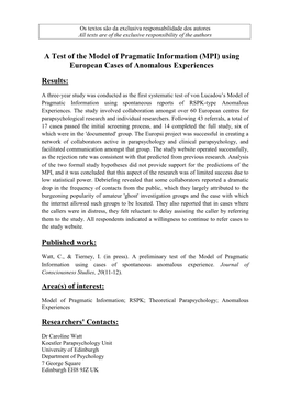 A Test of the Model of Pragmatic Information (MPI) Using European Cases of Anomalous Experiences Results