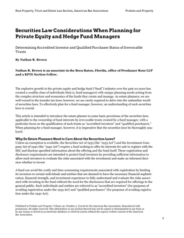 Securities Law Considerations When Planning for Private Equity and Hedge Fund Managers