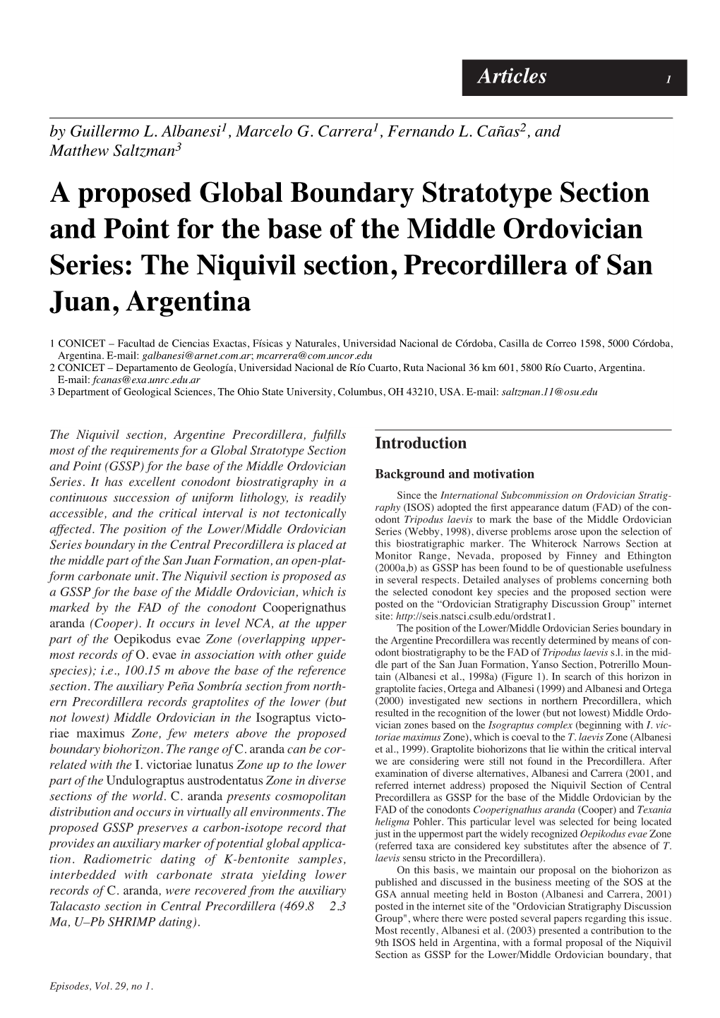 A Proposed Global Boundary Stratotype Section and Point for the Base of the Middle Ordovician Series: the Niquivil Section, Precordillera of San Juan, Argentina