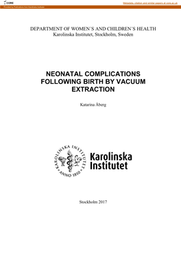 Neonatal Complications Following Birth by Vacuum Extraction