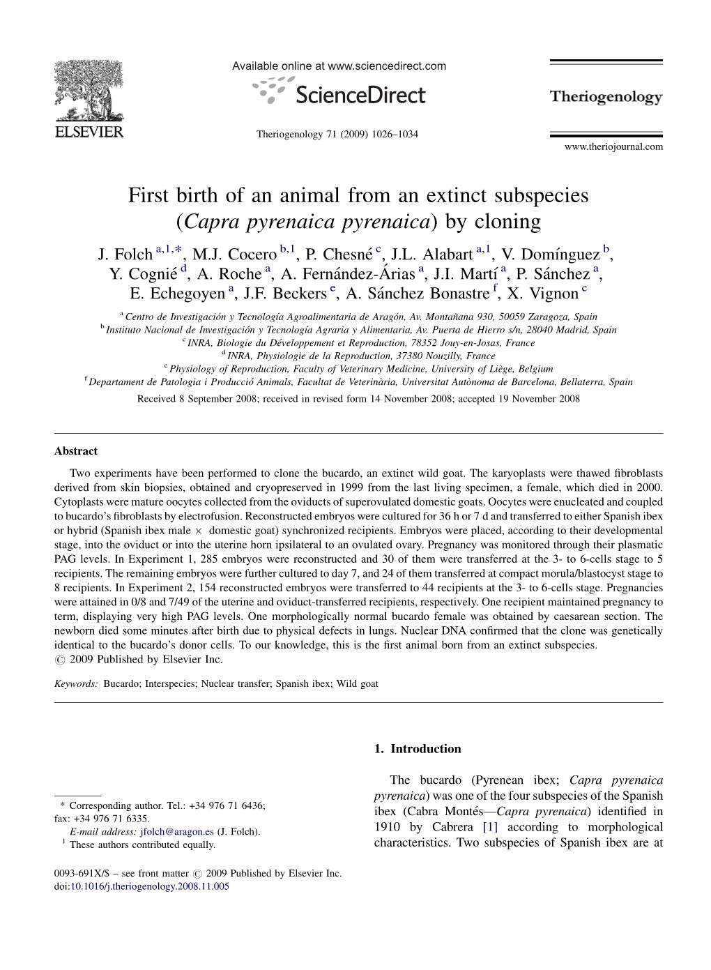 First Birth of an Animal from an Extinct Subspecies (Capra Pyrenaica Pyrenaica) by Cloning J