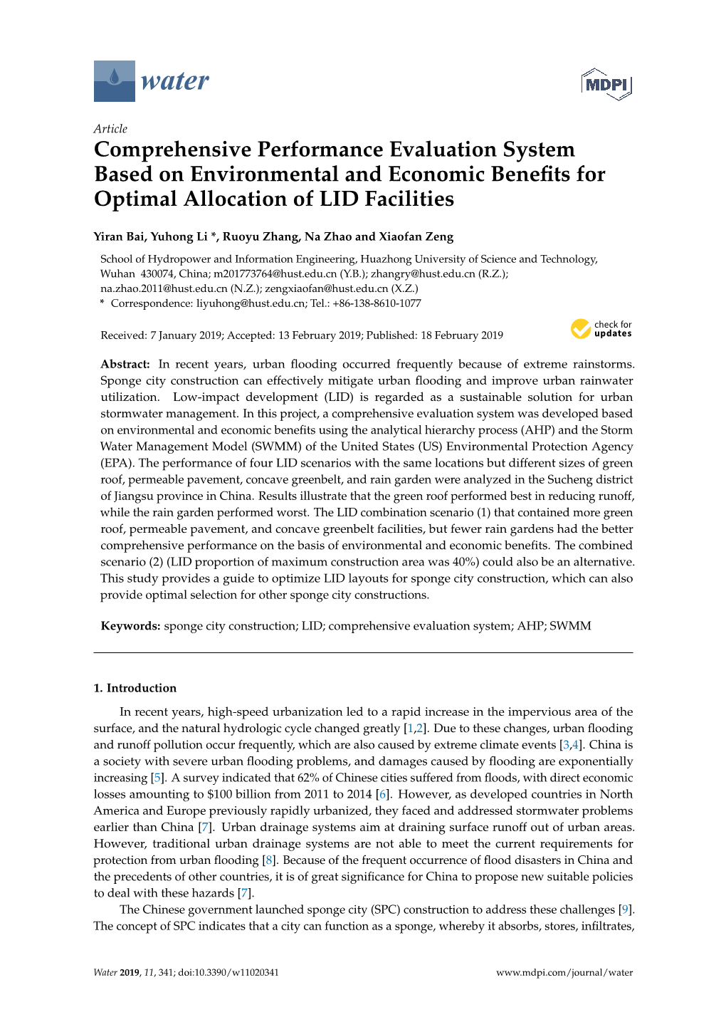 Comprehensive Performance Evaluation System Based on Environmental and Economic Beneﬁts for Optimal Allocation of LID Facilities