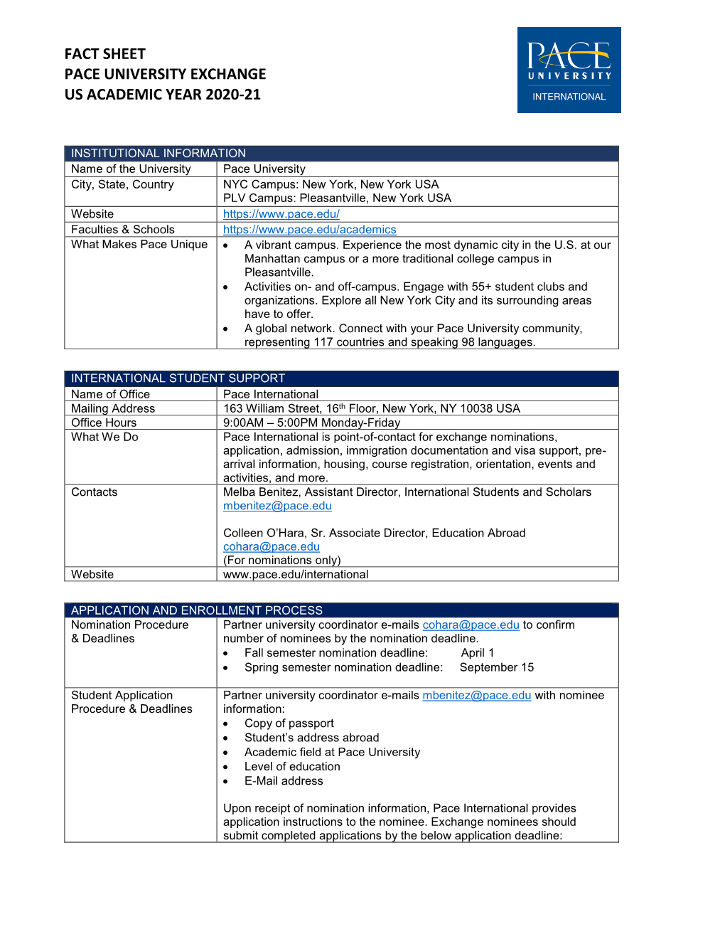 Fact Sheet Pace University Exchange Us Academic Year 2020-21