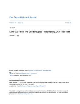 Lone Star Pride: the Good-Douglas Texas Battery, CSA 1861-1865