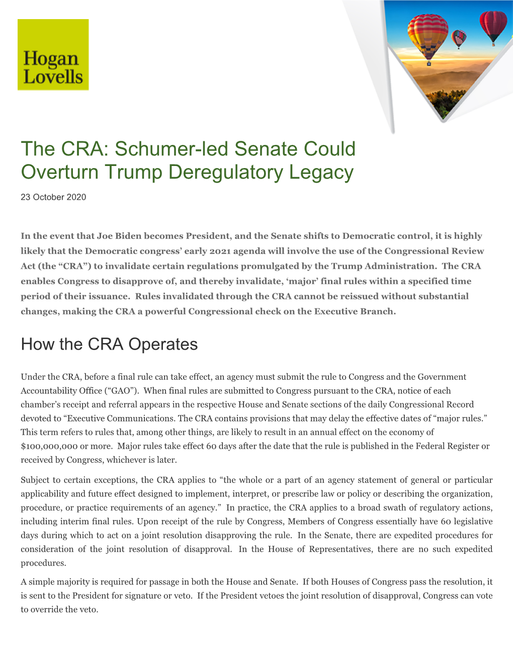 The CRA: Schumer-Led Senate Could Overturn Trump Deregulatory Legacy