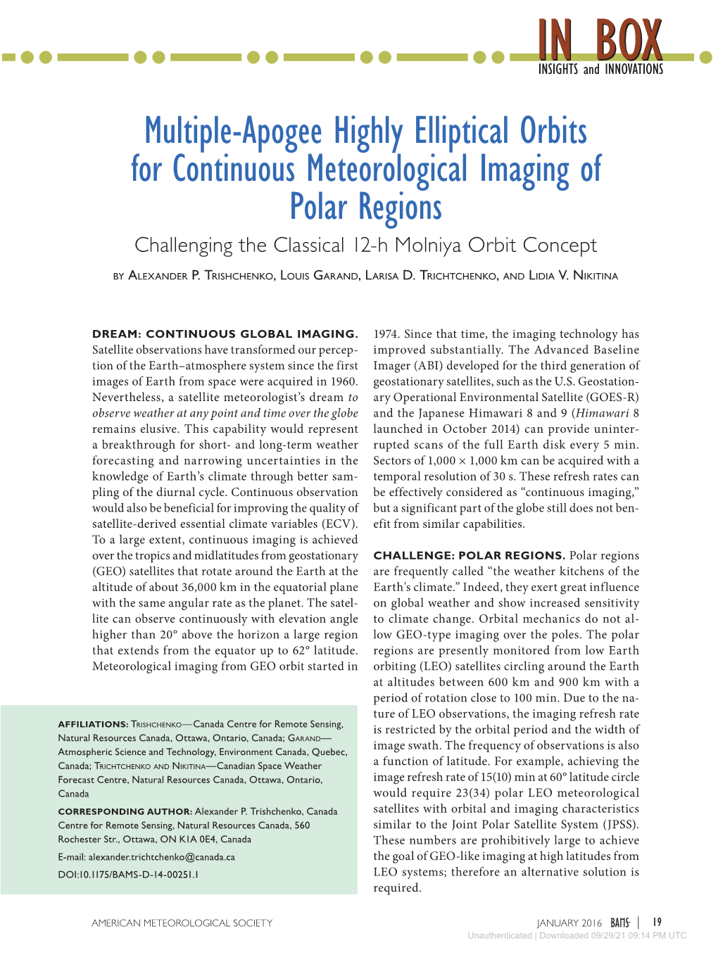 Multiple-Apogee Highly Elliptical Orbits for Continuous Meteorological Imaging of Polar Regions Challenging the Classical 12-H Molniya Orbit Concept