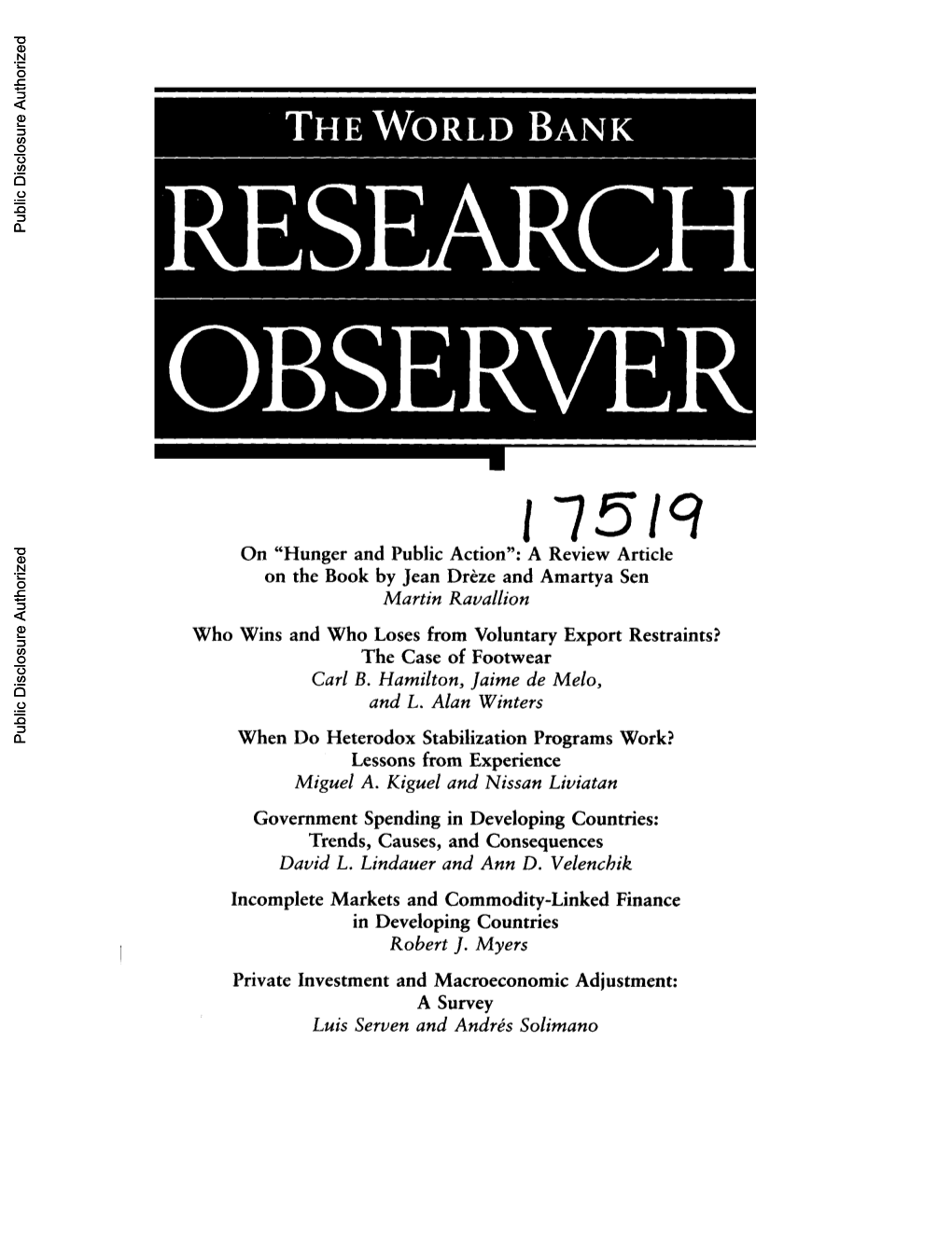 A Review Article on the Book by Jean Dreze and Amartya Sen Martin Ravallion Who Wins and Who Loses from Voluntary Export Restraints? the Case of Footwear Carl B