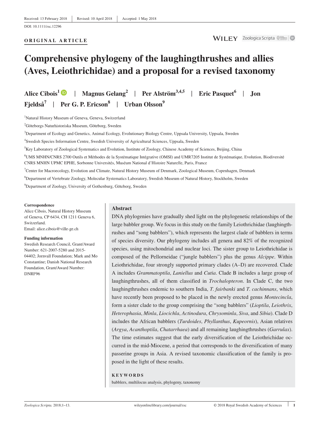 Comprehensive Phylogeny of the Laughingthrushes and Allies (Aves, Leiothrichidae) and a Proposal for a Revised Taxonomy