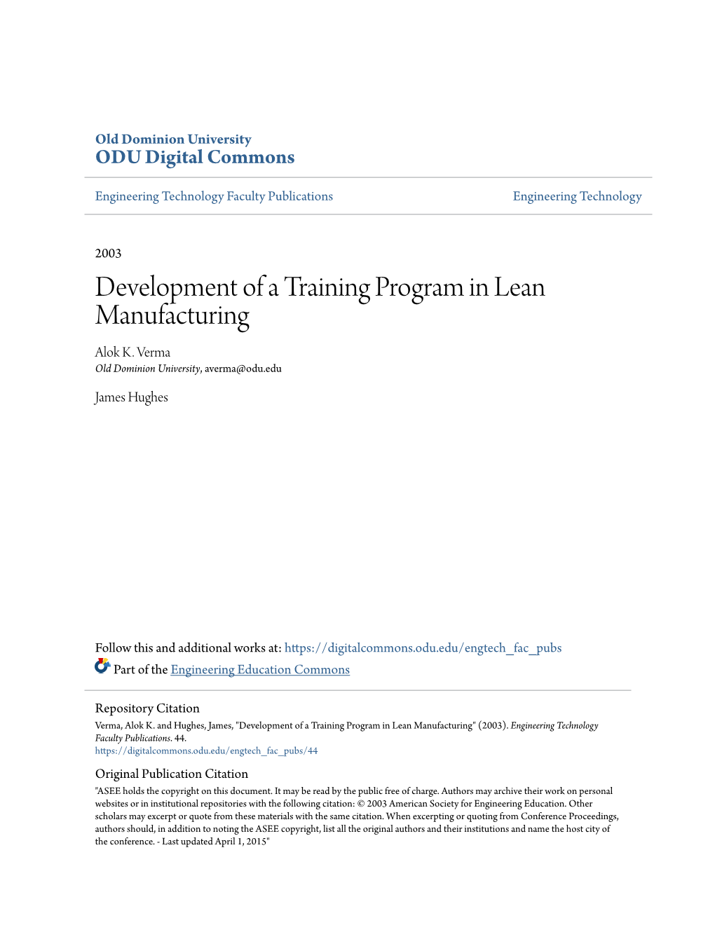 Development of a Training Program in Lean Manufacturing Alok K