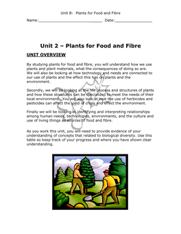 Unit 2 Œ Plants for Food and Fibre UNIT OVERVIEW