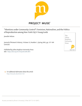 Abortions Under Community Control": Feminism, Nationalism, and the Politics of Reproduction Among New York City's Young Lords